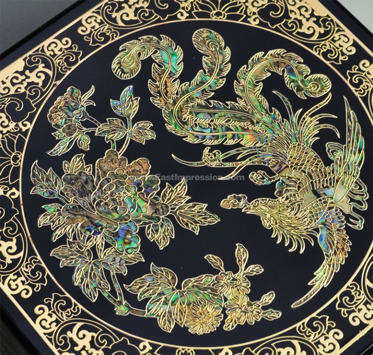 天水漆器掐铜丝嵌螺钿高档首饰盒：凤戏牡丹图（黑） - 东方印象