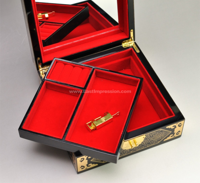 天水漆器掐铜丝嵌螺钿高档首饰盒：孔雀牡丹图- 东方印象