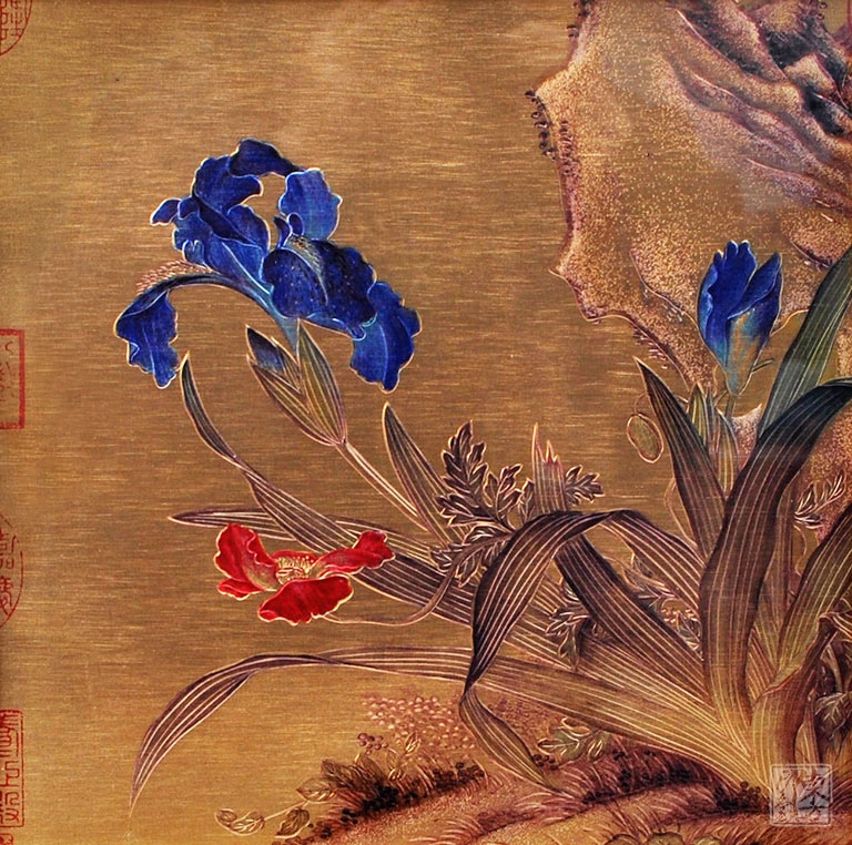 纯手工铝板彩雕工艺挂画：清郎世宁《花鸟图文册》之鸢尾花