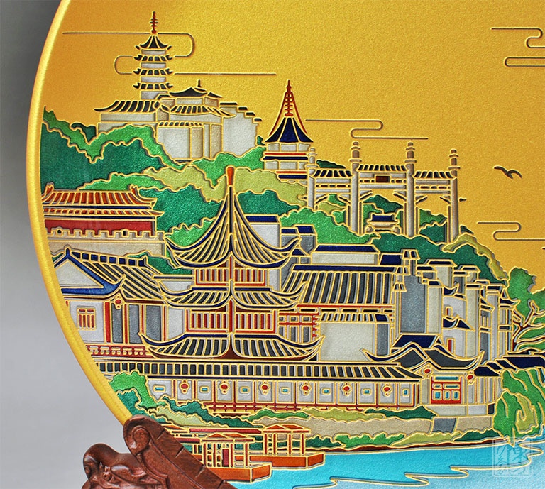“城市礼物”双面晶雕手绘赏盘：金陵南京（Φ25.5cm）