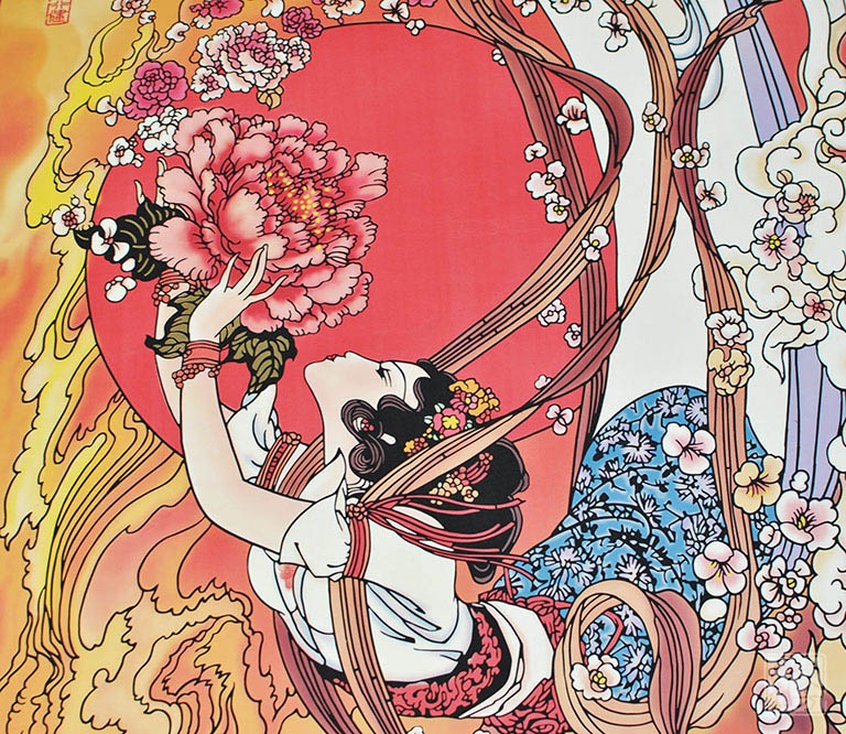 丝绸国画剪纸卷轴：当代工笔画家华三川之《天女散花》