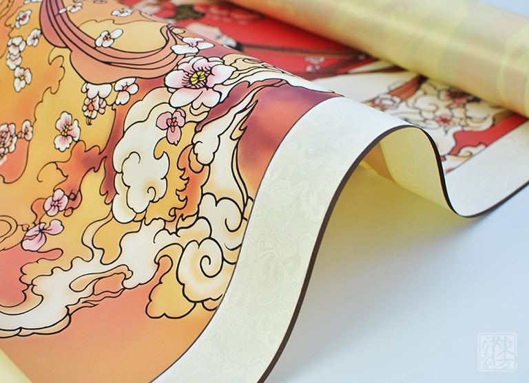 丝绸国画剪纸卷轴：当代工笔画家华三川之《天女散花》