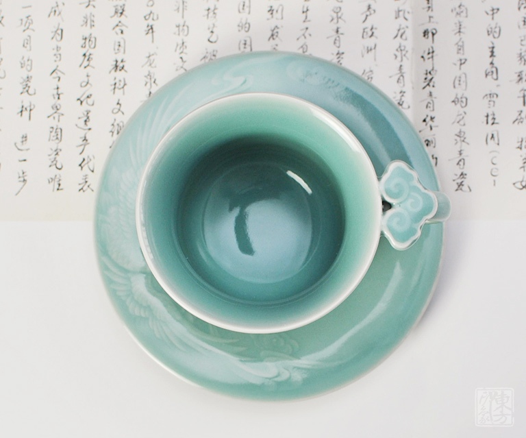 龙泉青瓷（弟窑•天青釉）咖啡杯：瑞鹤祥云