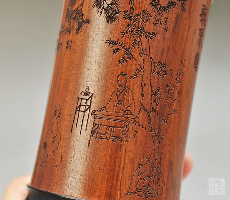 非洲酸枝阴刻《听琴图》竹节型圆笔筒