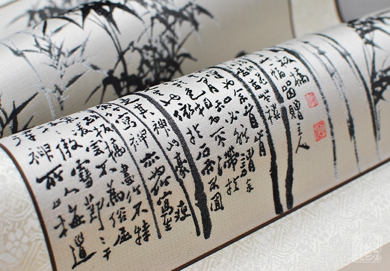 蜀锦卷轴（立轴）：清•郑板桥《竹石图》
