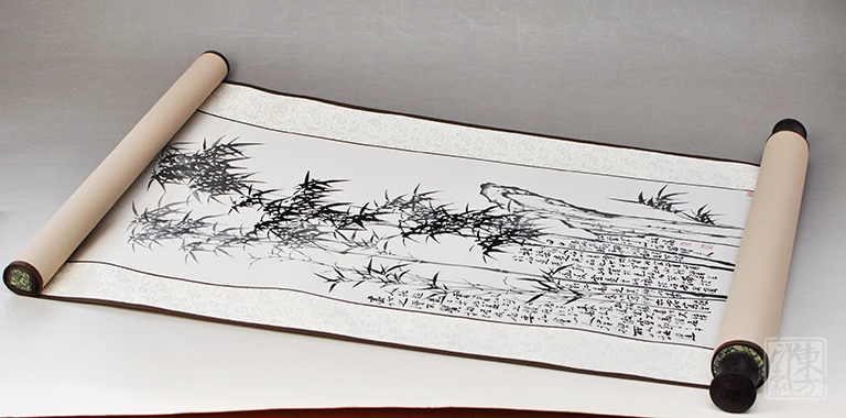 蜀锦卷轴（立轴）：清•郑板桥《竹石图》