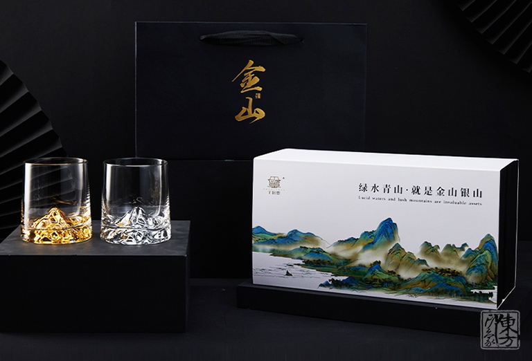 手作水晶玻璃威士忌杯（对杯）：金山银山