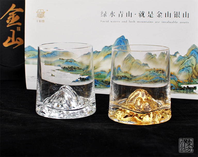 手作水晶玻璃威士忌杯（对杯）：金山银山