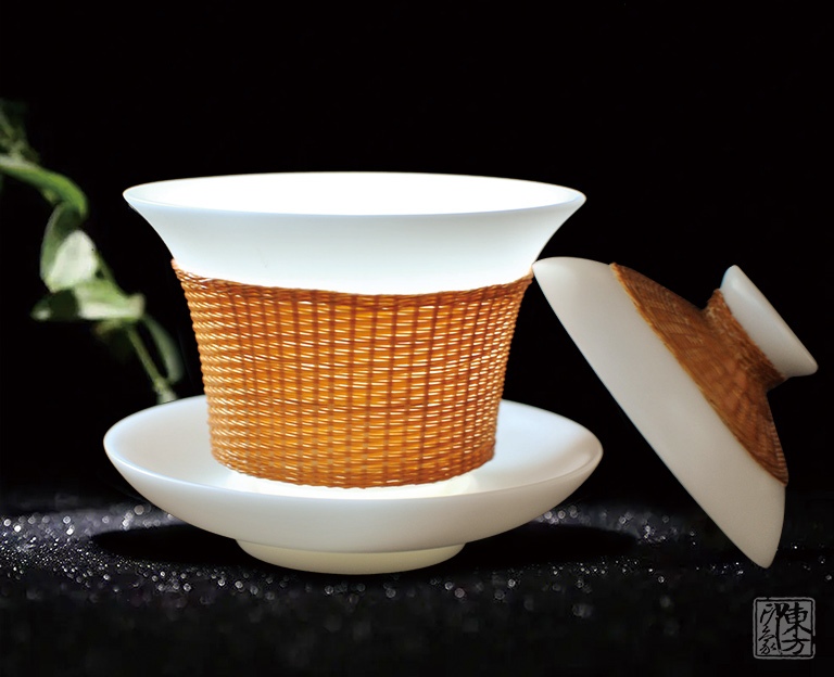 羊脂玉白瓷胎竹编盖碗茶具：冰美人