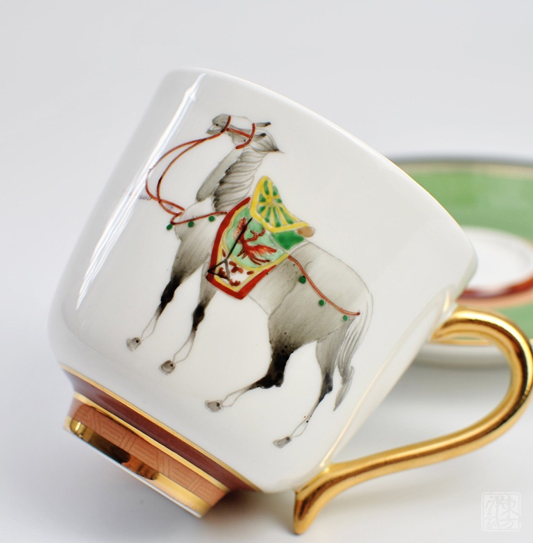 唐山骨瓷手绘咖啡杯：天行健鞍马图