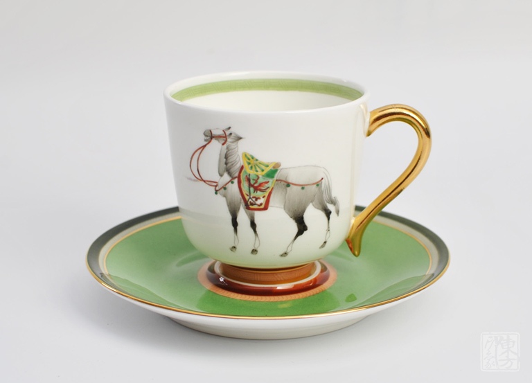 唐山骨瓷手绘咖啡杯：天行健鞍马图