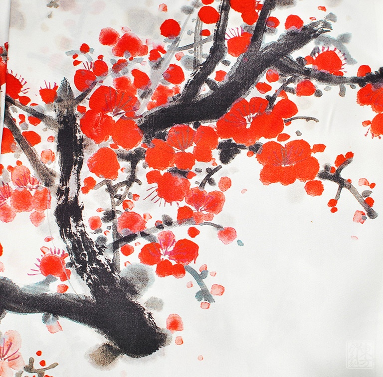 真丝印花双层盘扣长巾/披肩：泼墨红梅