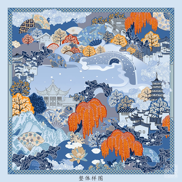 100%桑蚕丝/真丝素绉缎丝巾：西湖初雪