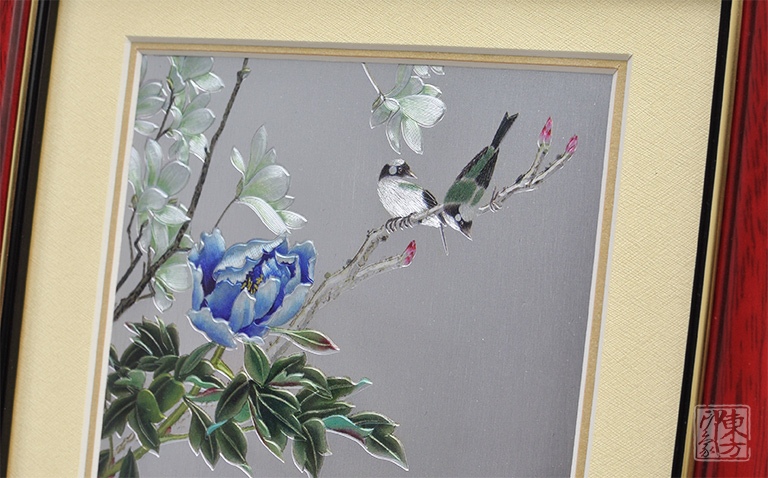 纯手工铝板彩雕工艺画：牡丹玉兰双禽图