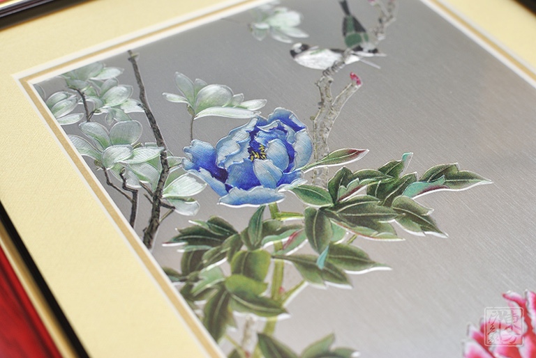 纯手工铝板彩雕工艺画：牡丹玉兰双禽图