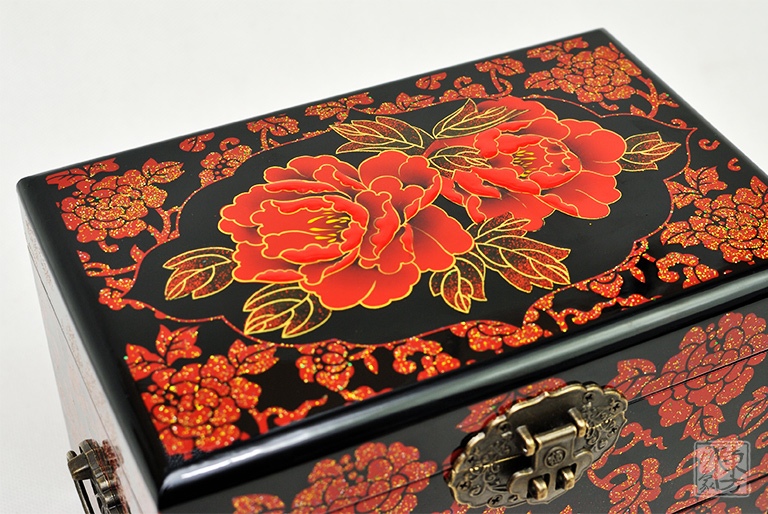 平遥推光漆器手工堆漆彩绘双层首饰盒：国色芳华