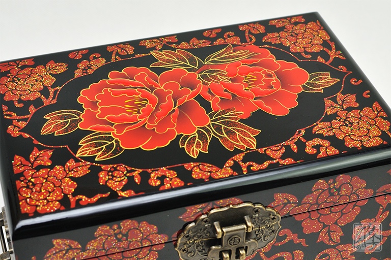 平遥推光漆器手工堆漆彩绘双层首饰盒：国色芳华