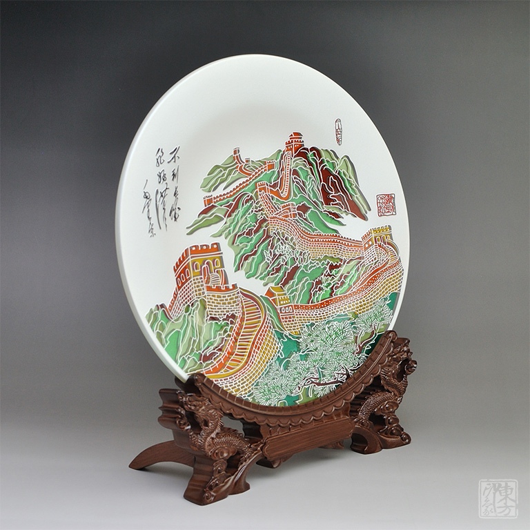 双面晶雕手工彩绘赏盘：巍巍长城（Φ32cm）