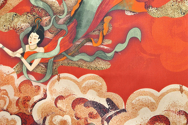 100%桑蚕丝/真丝素绉缎丝巾:敦煌飞天仕女图(中方巾)