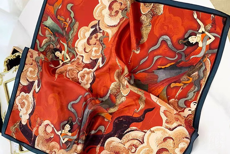 100%桑蚕丝/真丝素绉缎丝巾:敦煌飞天仕女图(中方巾)