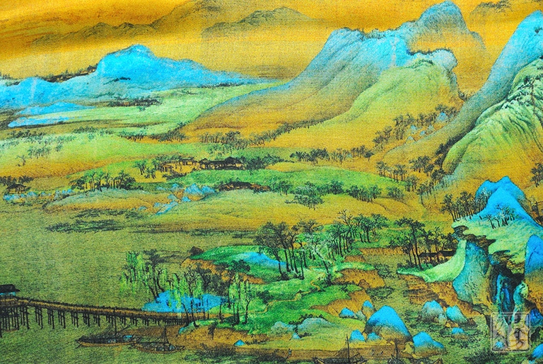 100%桑蚕丝/真丝素绉缎丝巾:千里江山图(中方巾)
