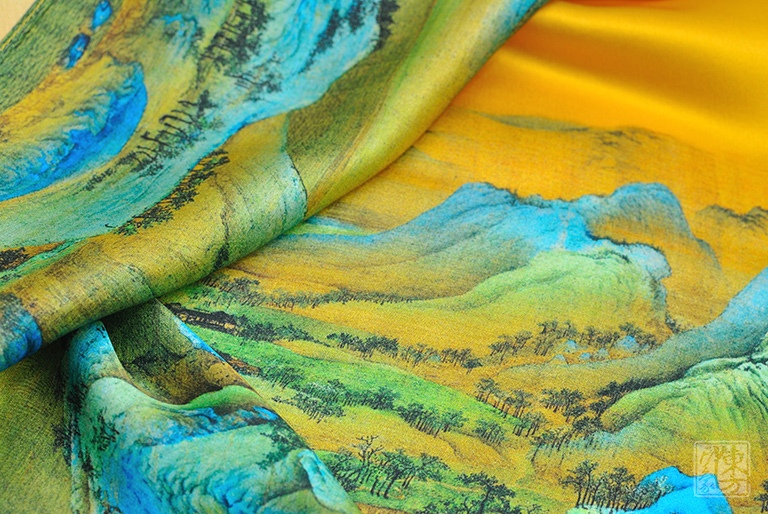 100%桑蚕丝/真丝素绉缎丝巾:千里江山图(中方巾)