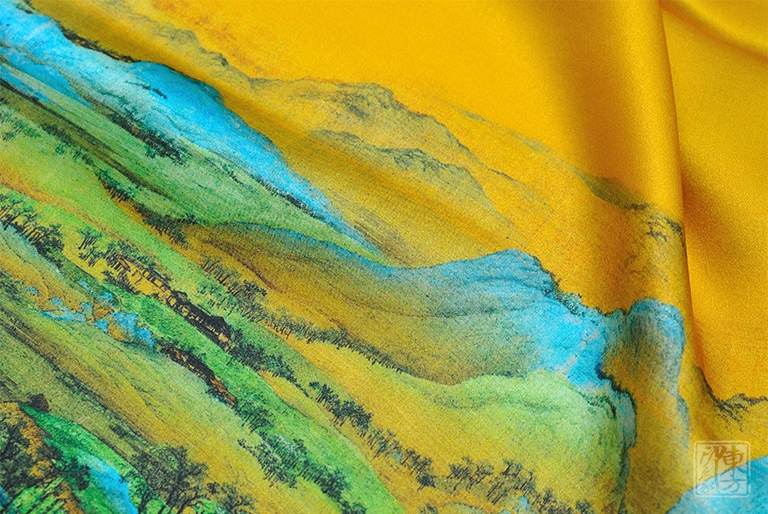 100%桑蚕丝/真丝素绉缎丝巾:千里江山图(中方巾)