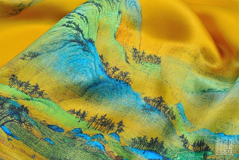 100%桑蚕丝/真丝素绉缎丝巾:千里江山图(中方巾)