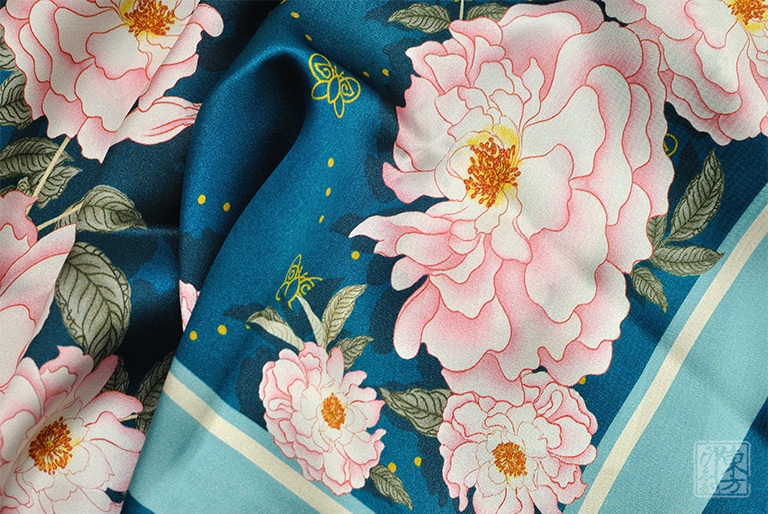 100%桑蚕丝/真丝素绉缎丝巾:元·钱选《八花图》(中方巾)