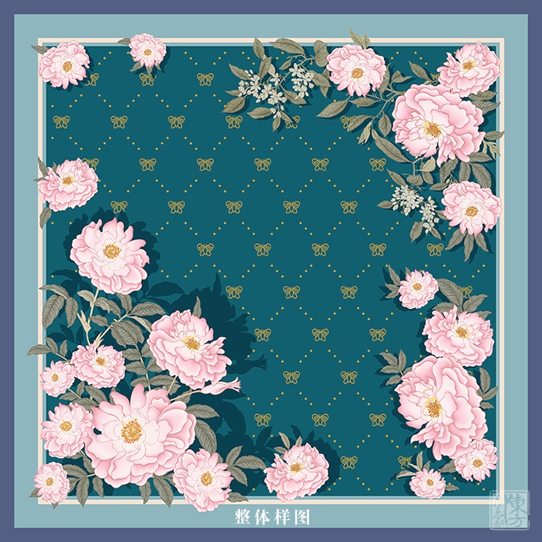 100%桑蚕丝/真丝素绉缎丝巾:元·钱选《八花图》(中方巾)