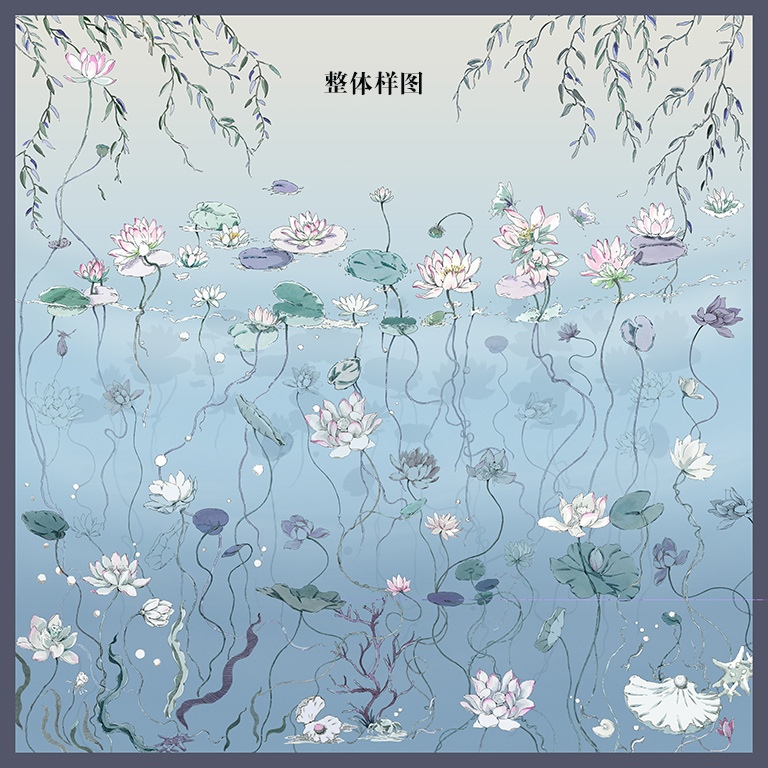 100%桑蚕丝/真丝素绉缎丝巾：莲塘倩影