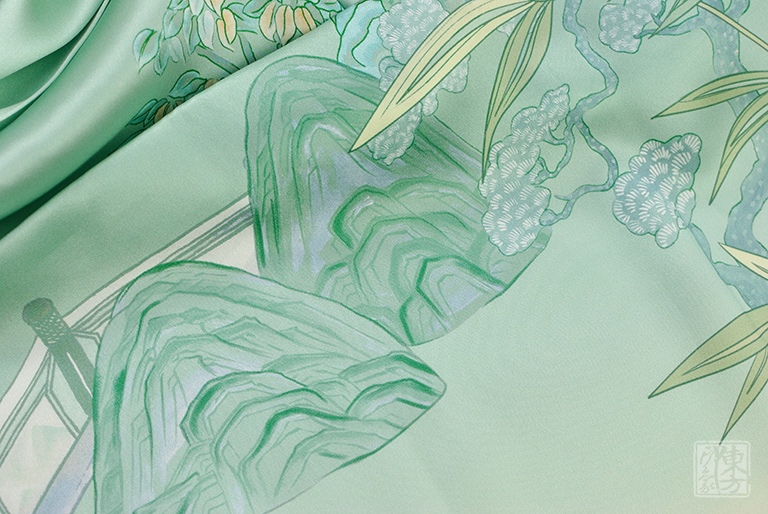 100%桑蚕丝/真丝素绉缎丝巾：竹摇清影