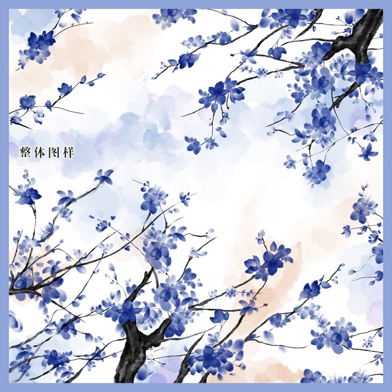 100%桑蚕丝/真丝素绉缎丝巾：墨染青花