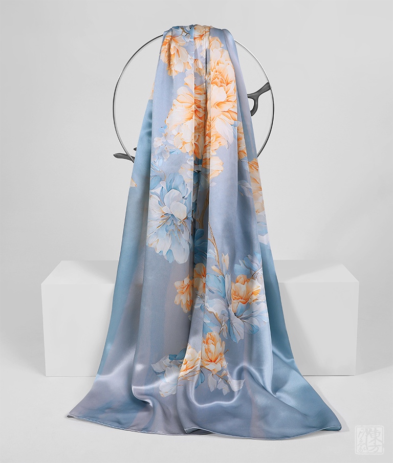 100%桑蚕丝/真丝素绉缎丝巾长巾:芍药殿春