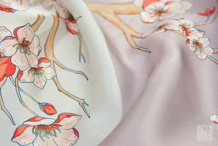 100%桑蚕丝/真丝素绉缎丝巾长巾:暗香疏影