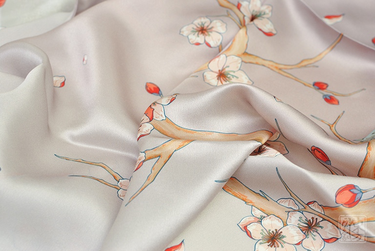 100%桑蚕丝/真丝素绉缎丝巾长巾:暗香疏影