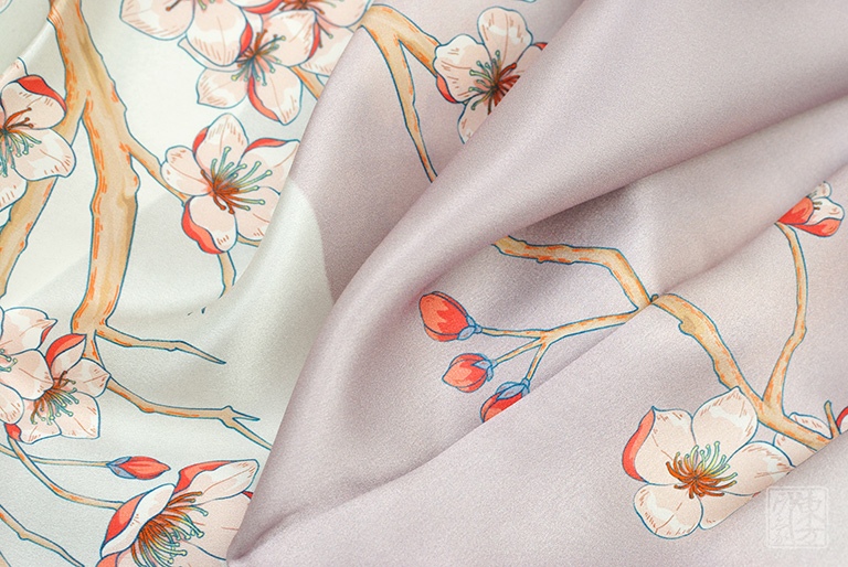 100%桑蚕丝/真丝素绉缎丝巾长巾:暗香疏影