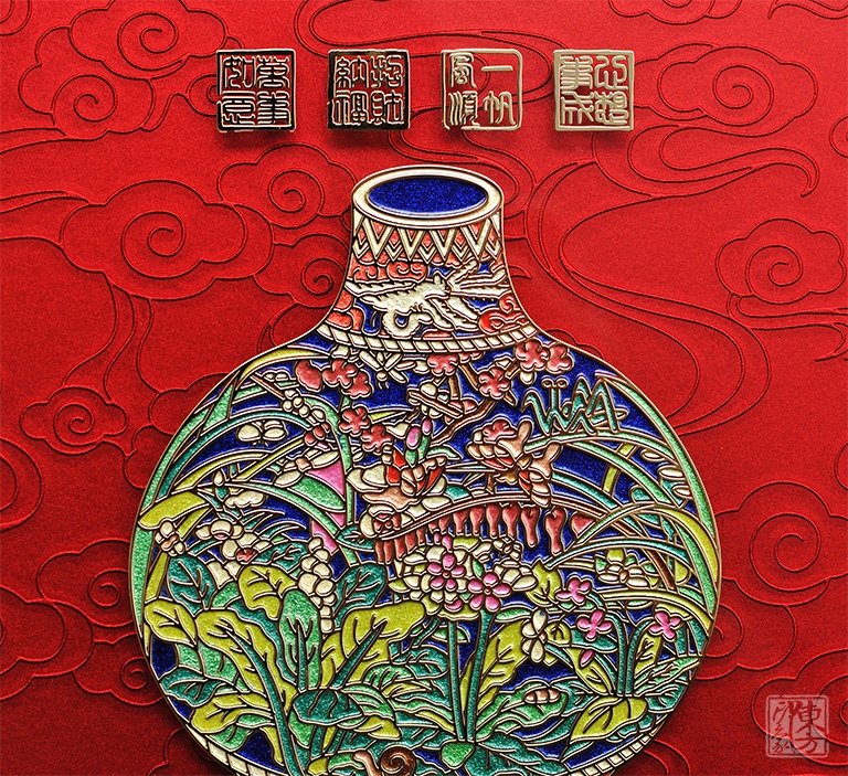 掐丝晶雕手绘中式台屏：聚财纳福