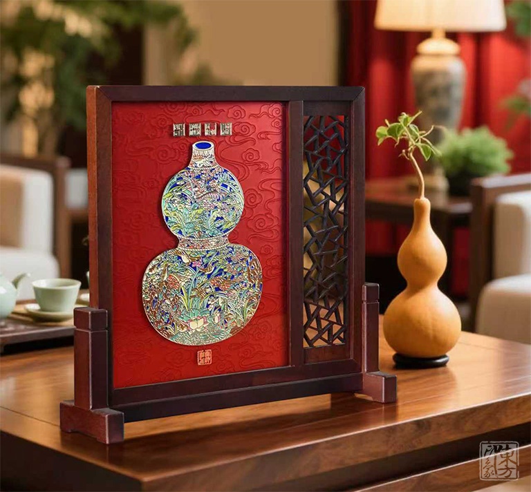 掐丝晶雕手绘中式台屏：聚财纳福