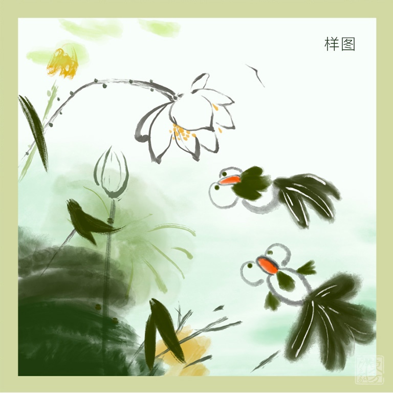 100%桑蚕丝真丝素绉缎丝巾：鱼戏荷间（小方巾）（墨绿）