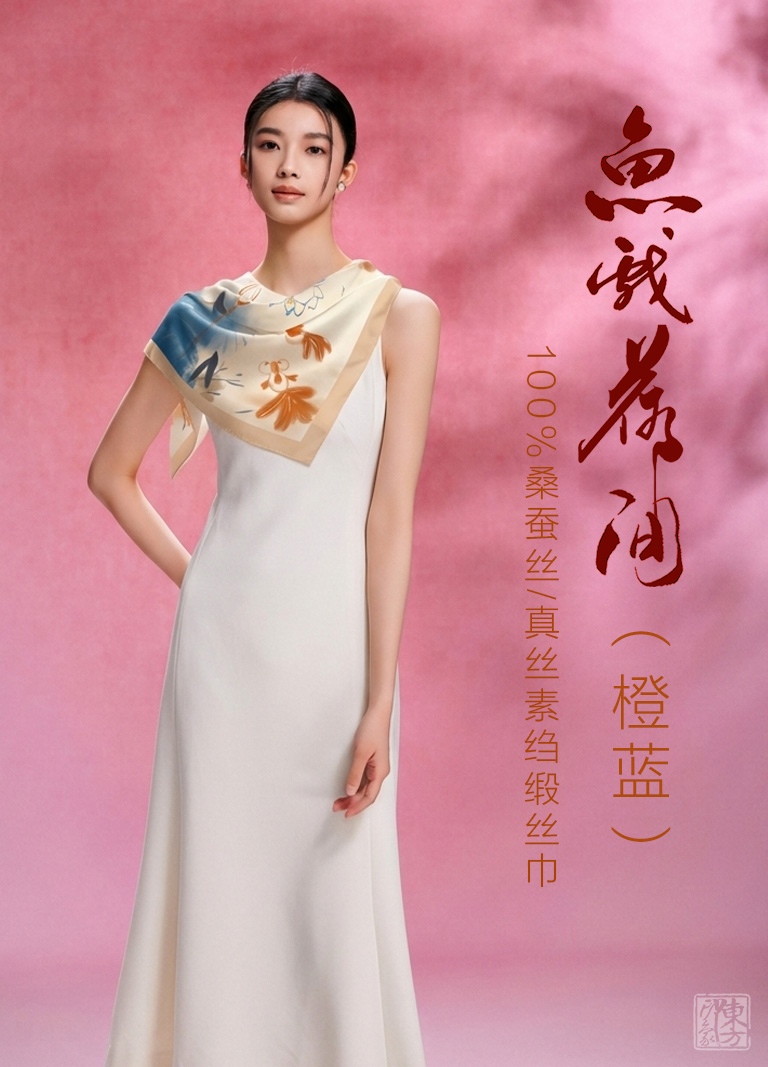 100%桑蚕丝真丝素绉缎丝巾：鱼戏荷间（小方巾）（橙蓝）