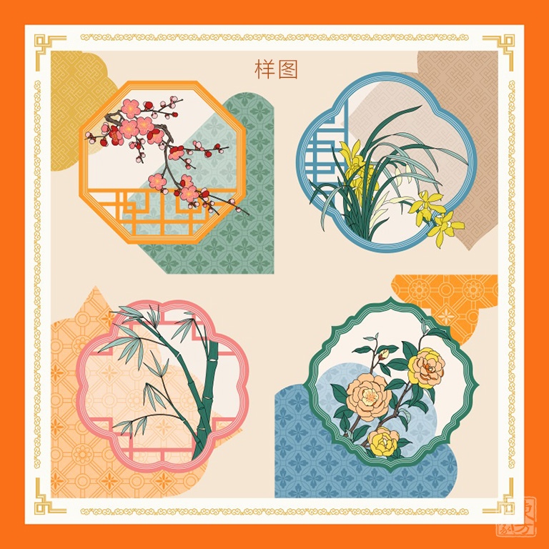 100%桑蚕丝/真丝素绉缎丝巾：花姿竹影（小方巾）