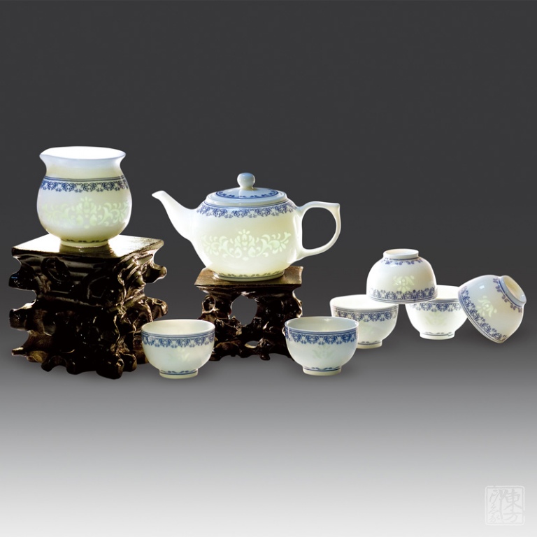 景德镇八头青花玲珑瓷茶具套装－满福玲珑