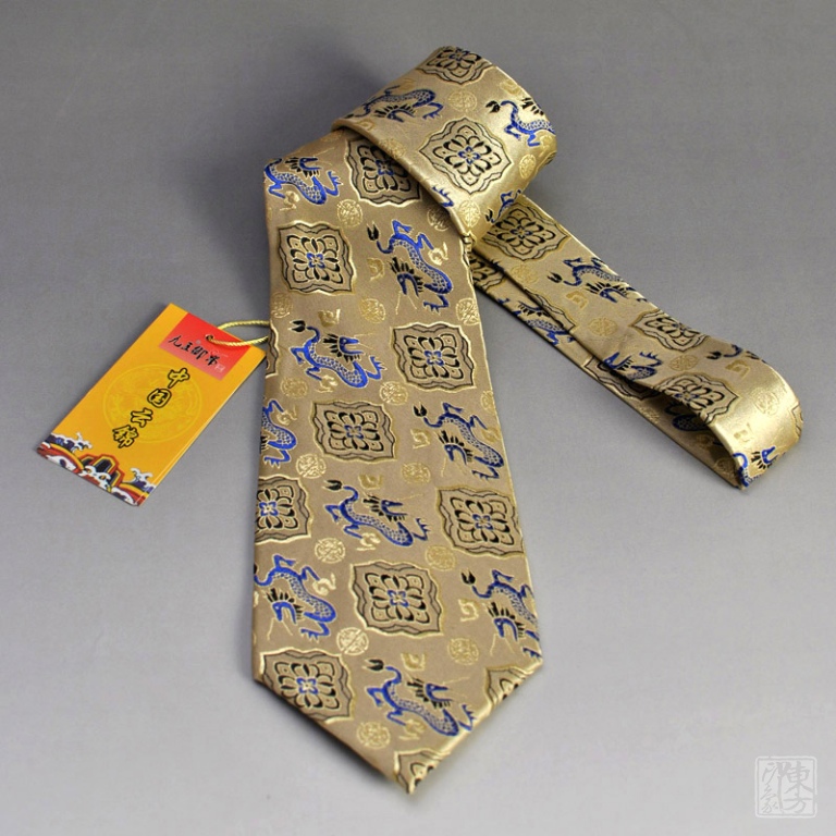 云锦领带－香槟金色四角小龙莲花