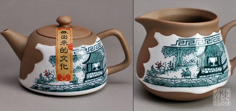 手绘青花釉陶国画茶壶套组