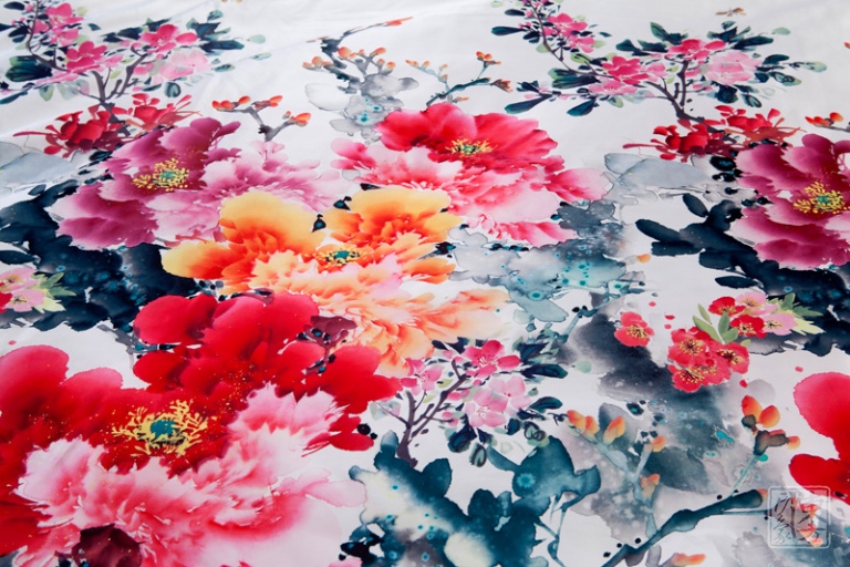 艺术手绘绸缎被套被－水墨繁花
