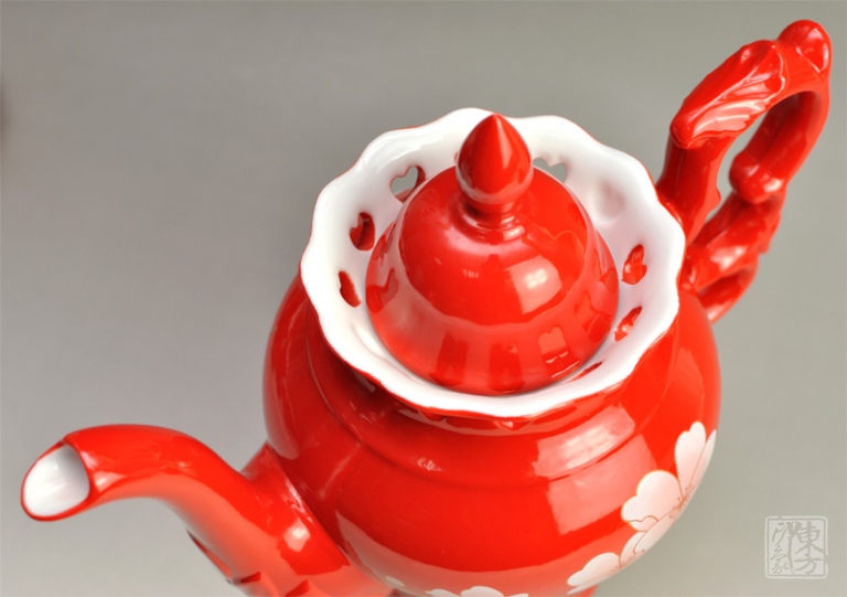 中国红瓷纯手工限量珍藏版欧式茶具/咖啡具九件套：梅竹双清图