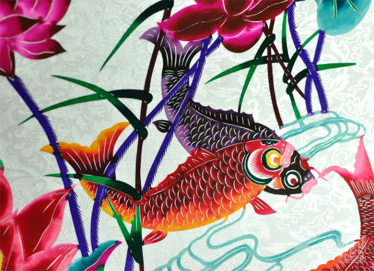 杨柳青点彩剪纸画：连年有余
