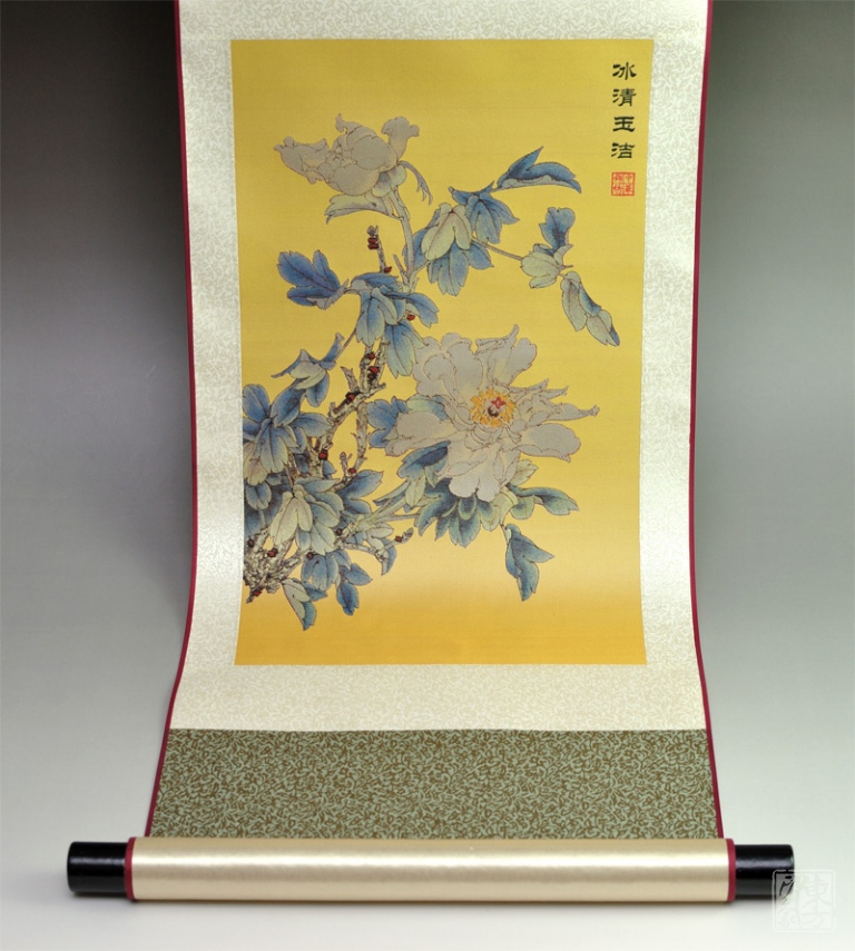 王道中工笔重彩“国色天香”真丝织锦卷轴画（双轴装）