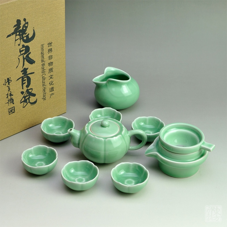 龙泉青瓷（弟窑•梅子青釉）茶具十件套：莲忆